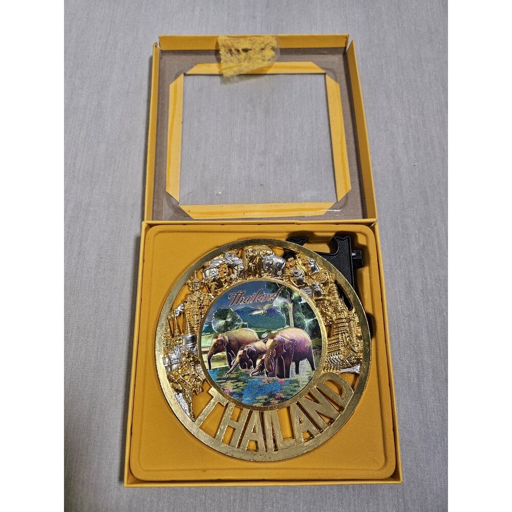 Souvenir Thailand 4” Elephant Gold Plate Decoration With Stand And Original Box
